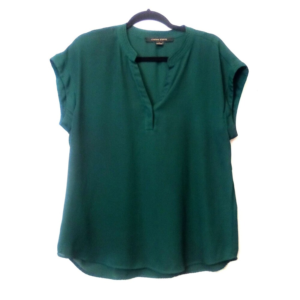Cynthia Steffe Green V-Neck Cap Sleeve Woven Polyester Pullover Blouse L